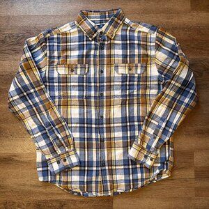 George Casual Button Down Mens Medium brown Blue Plaid Dress Flannel Shirt